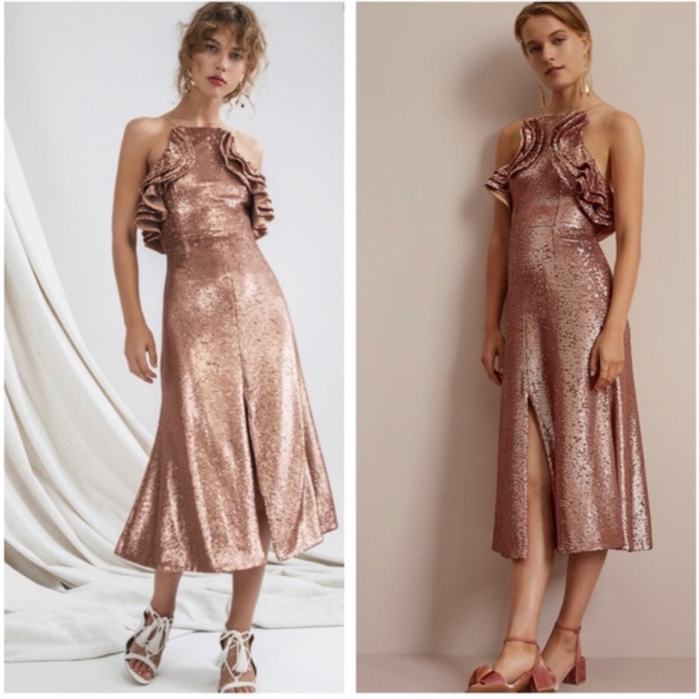 C/MEO Rose Gold Sequin Ruffle Midi Dress Size Small
